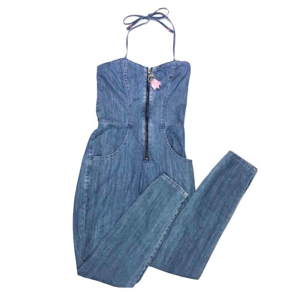 Wildfox Kiera Denim Halter Tassel Bead Jumpsuit